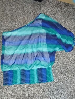Womens Studio Y Striped One-Shoulder Top in Teal, Green and Blue Sz: Small